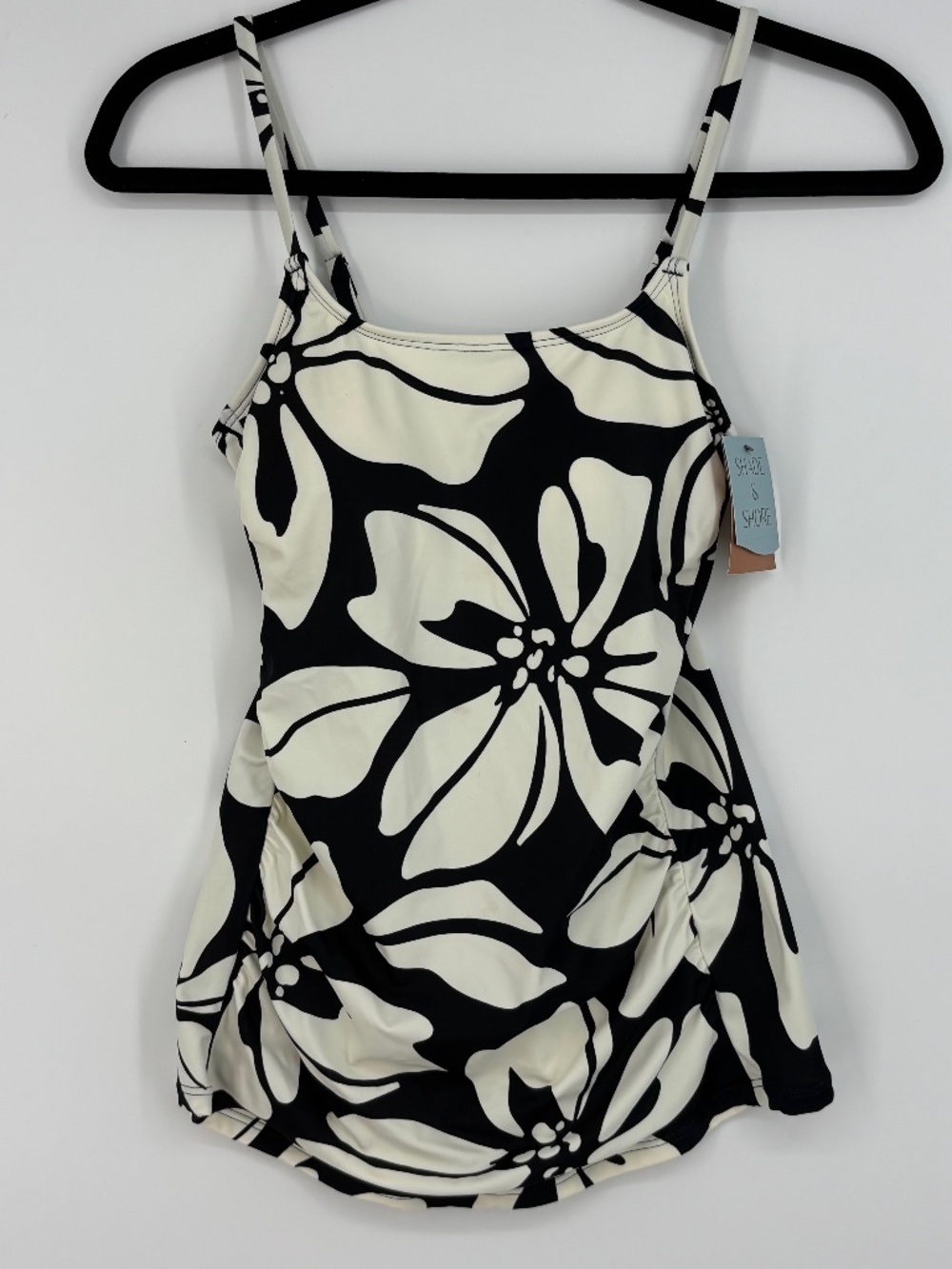 Shade & Shore Womens Small 4 6 Tankini Swim Suit Top Black Ivory Tropical Print